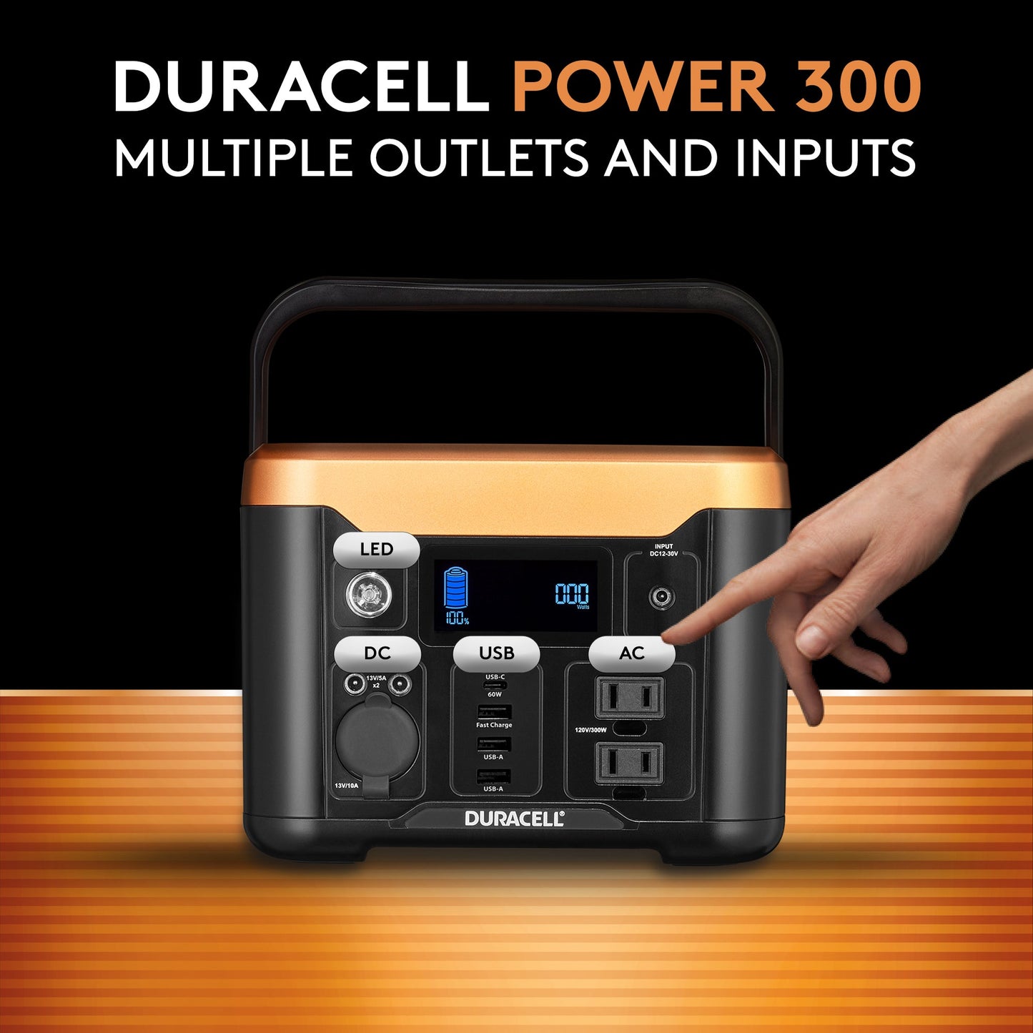  Power station with hand pointing at the multiple outlets and inputs.