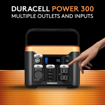  Power station with hand pointing at the multiple outlets and inputs.