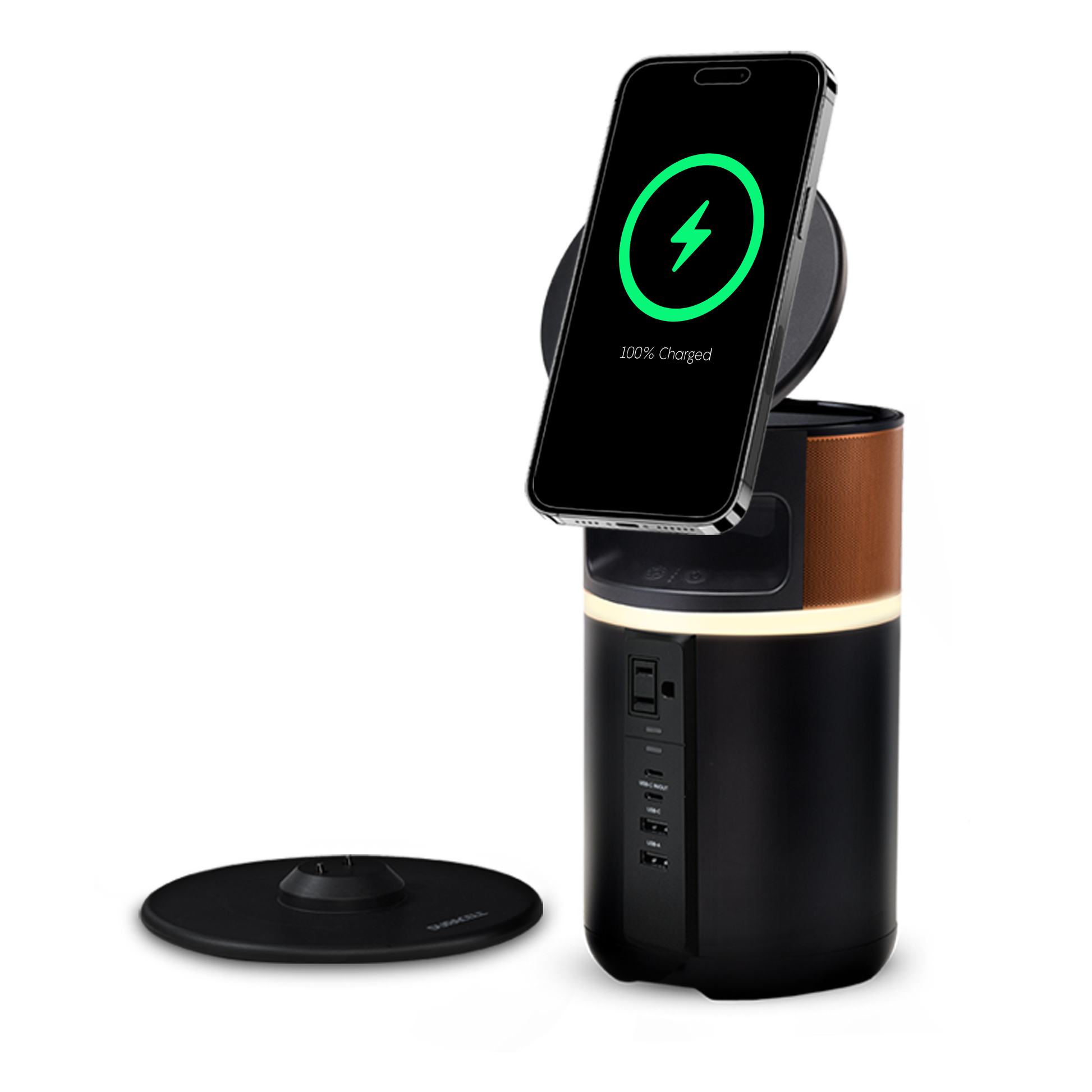 M250 portable power bank charger with the wireless charging lid up and the charging dock
