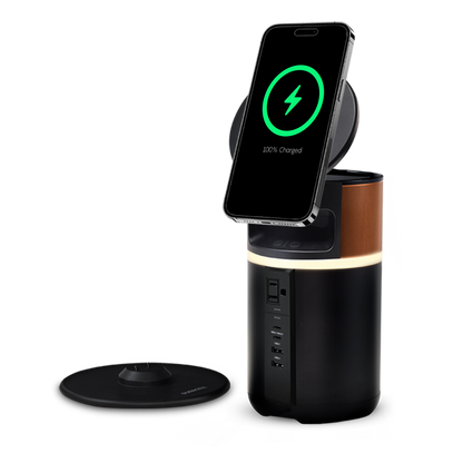 M250 portable power bank charger with the wireless charging lid up and the charging dock
