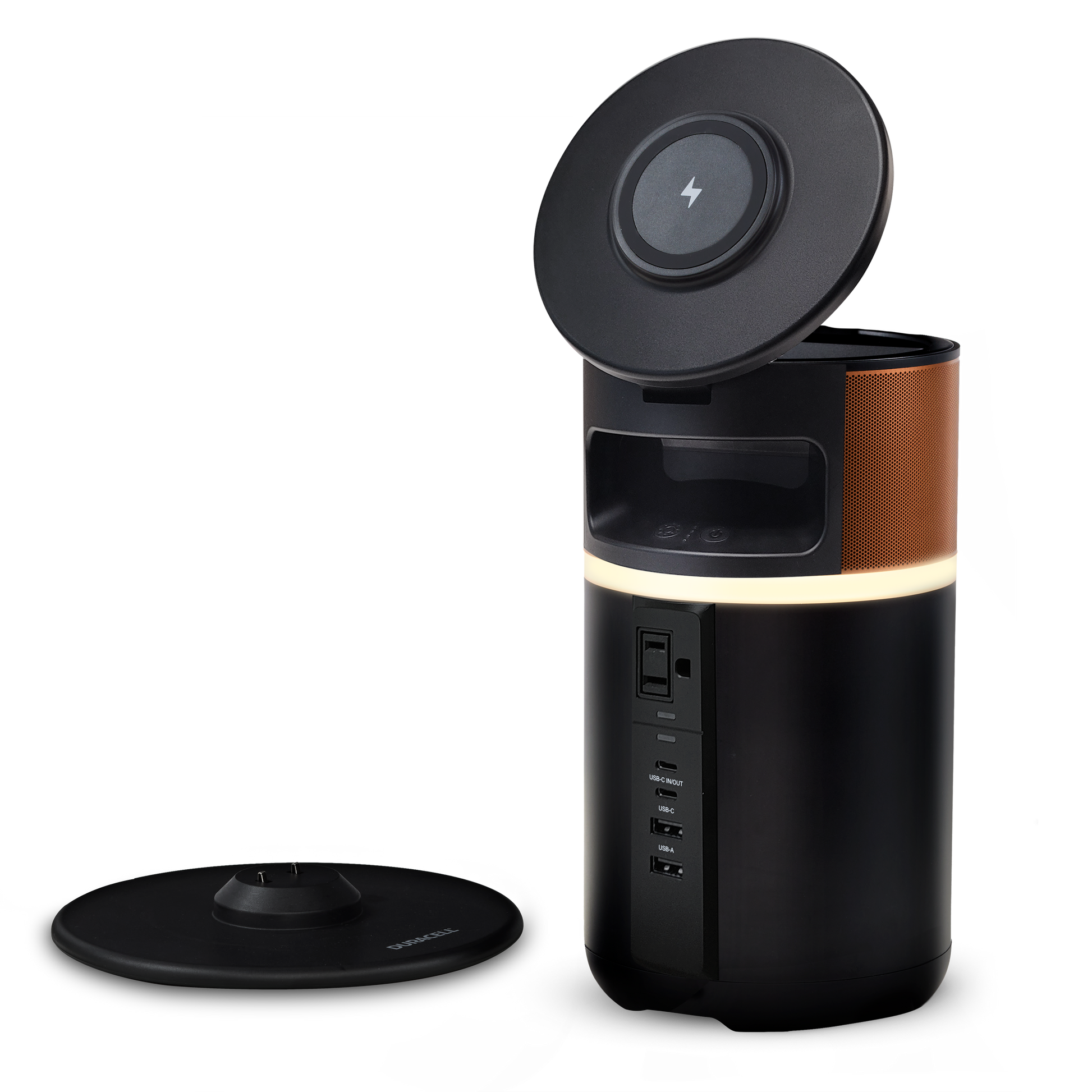 M250 portable power bank charger with the wireless charging lid up and the charging dock