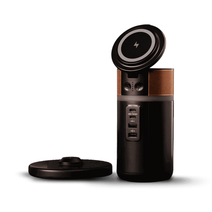 charging dock and the M150 portable power bank charger with a phone wirelessly charging on top and the lid tilted up